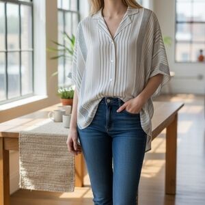 Eileen Fisher Silk Crepe De Chine Ivory Striped Oversized  Button Up Shirt SP